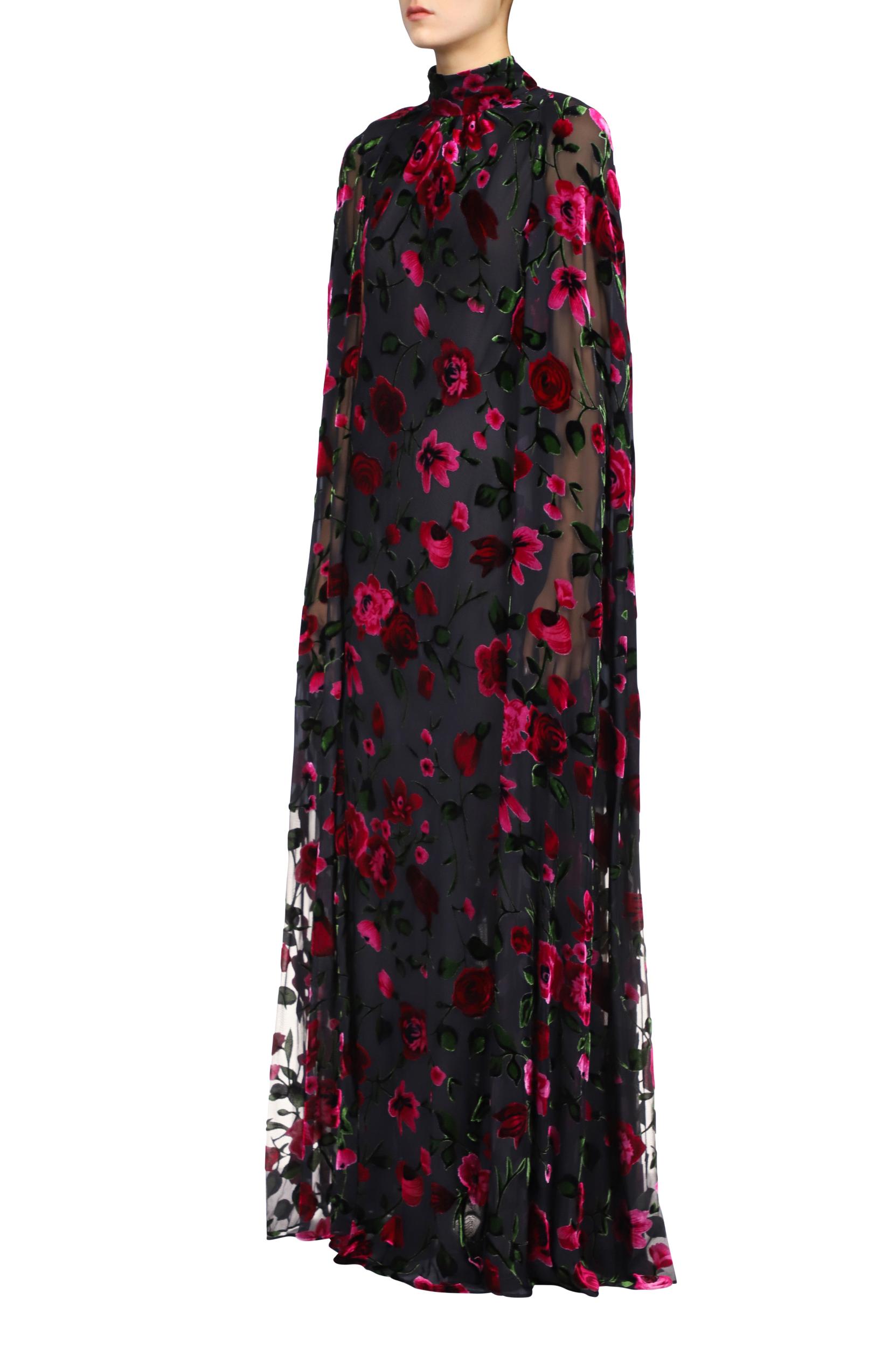 Black and Pink Floral Velvet Devoré Cape Gown Product Image