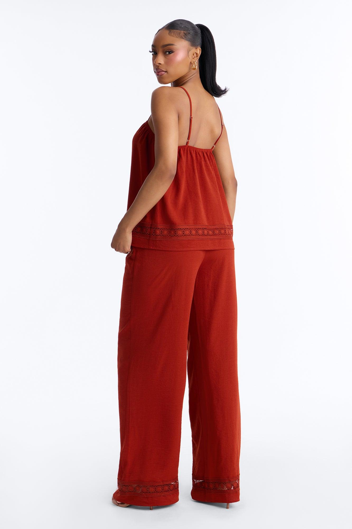Thalia Linen Lace Trim Pant Set - Rust Female Product Image