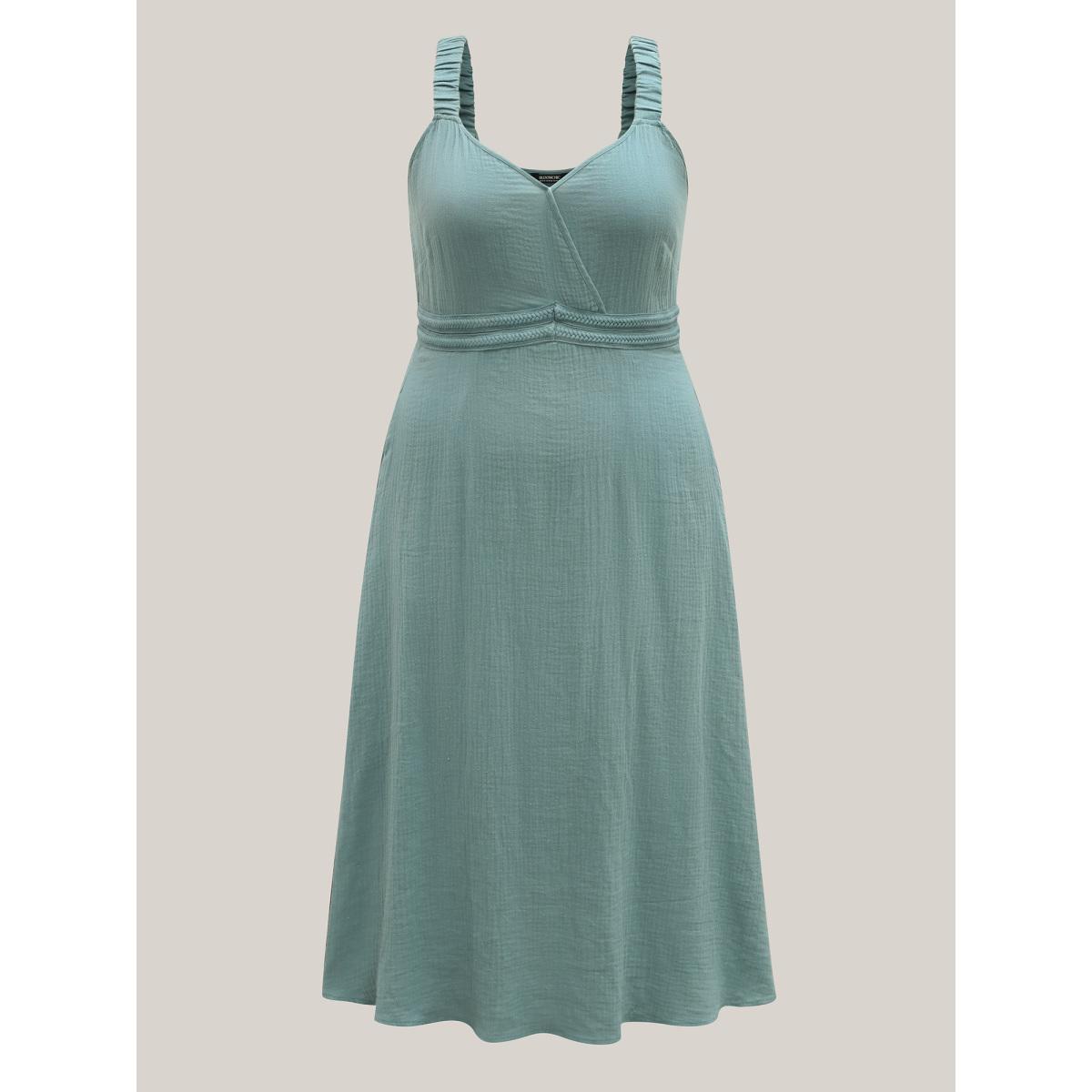 Plus Size Cotton Textured Cinched-Waist A-Line Midi Dress Teal Women Boho V-neck Sleeveless Curvy BloomChic 10/M Product Image
