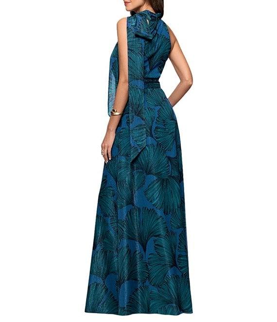 Betsy & Adam Halter Tie Neck Palm Print Shimmer Chiffon Sleeveless Maxi Dress Product Image