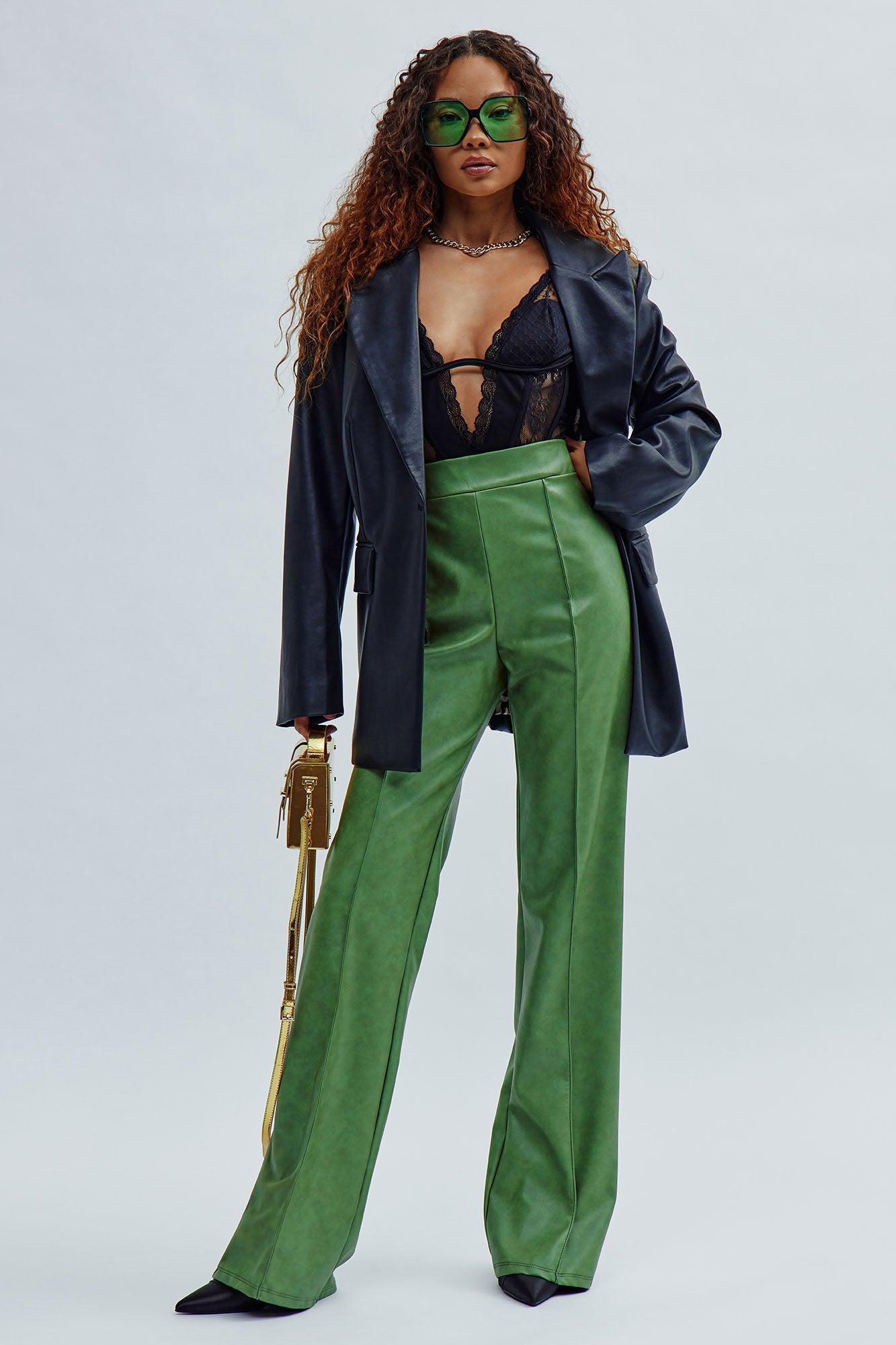 Victoria High Waisted Washed Faux Leather Dress Pants - Olive Product Image