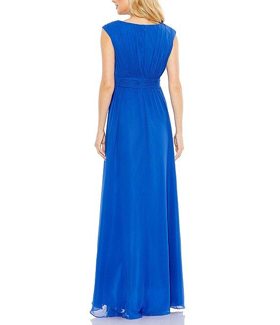 Mac Duggal Pleated Boat Neck Chiffon A-Line Gown Product Image