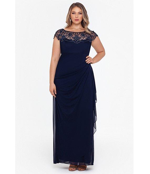 Xscape Plus Size Beaded Cap Sleeve Illusion Crew Neck Ruched Gown Product Image