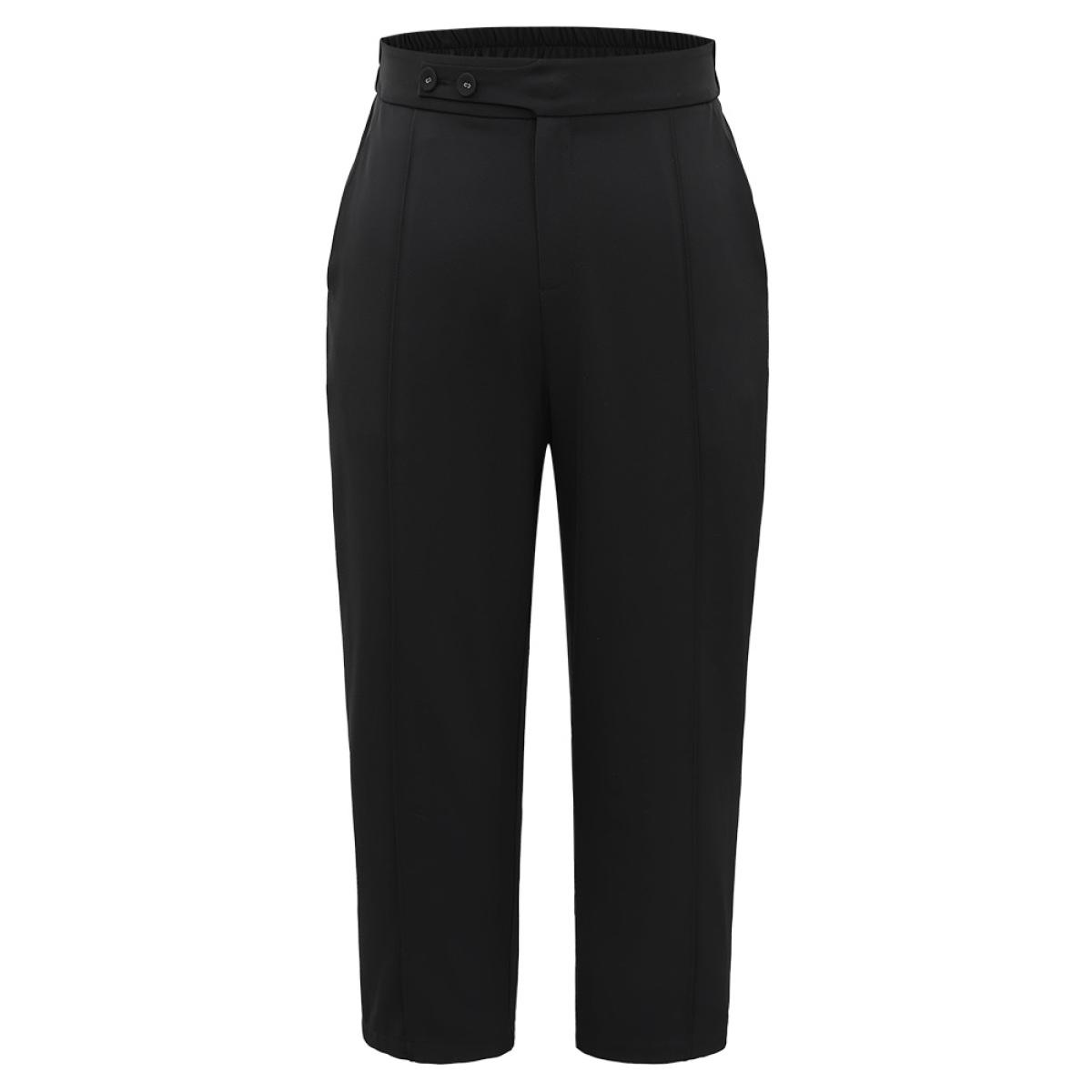 Plus Size Plain Elastic Waist Pleated Button Detail Pants Women Black Office High Rise Office Pants BloomChic 26/4X Product Image