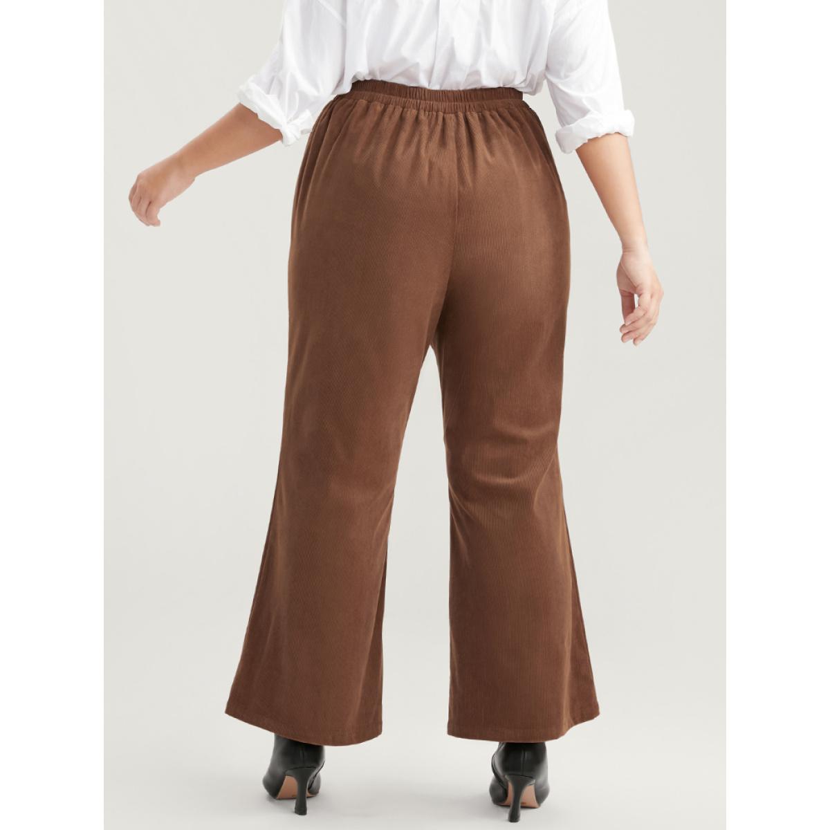 Plus Size Solid Pocket Button Detail Corduroy Flare Leg Pants Women DarkBrown Office Flare Leg High Rise Work Pants BloomChic 26/4X Product Image