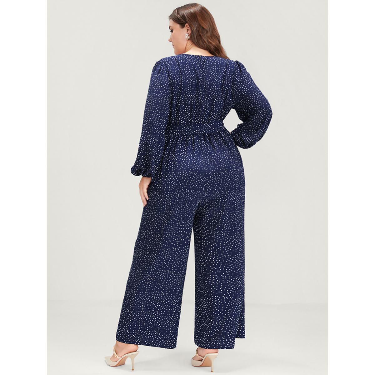 Plus Size DarkBlue Polka Dot Belted Lantern Sleeve Pocket Button Wrap Jumpsuit Women Elegant Long Sleeve V-neck Dailywear Loose Jumpsuits BloomChic 10/M Product Image