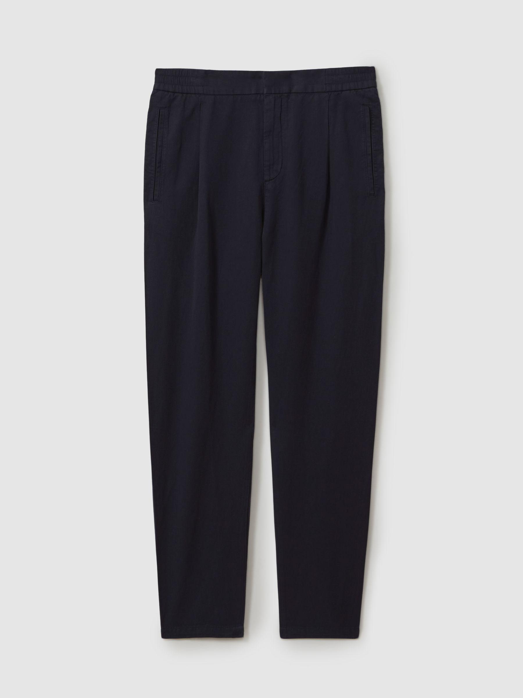 Relaxed Cotton/Linen Blend Elasticated Waist Trousers in Navy Product Image