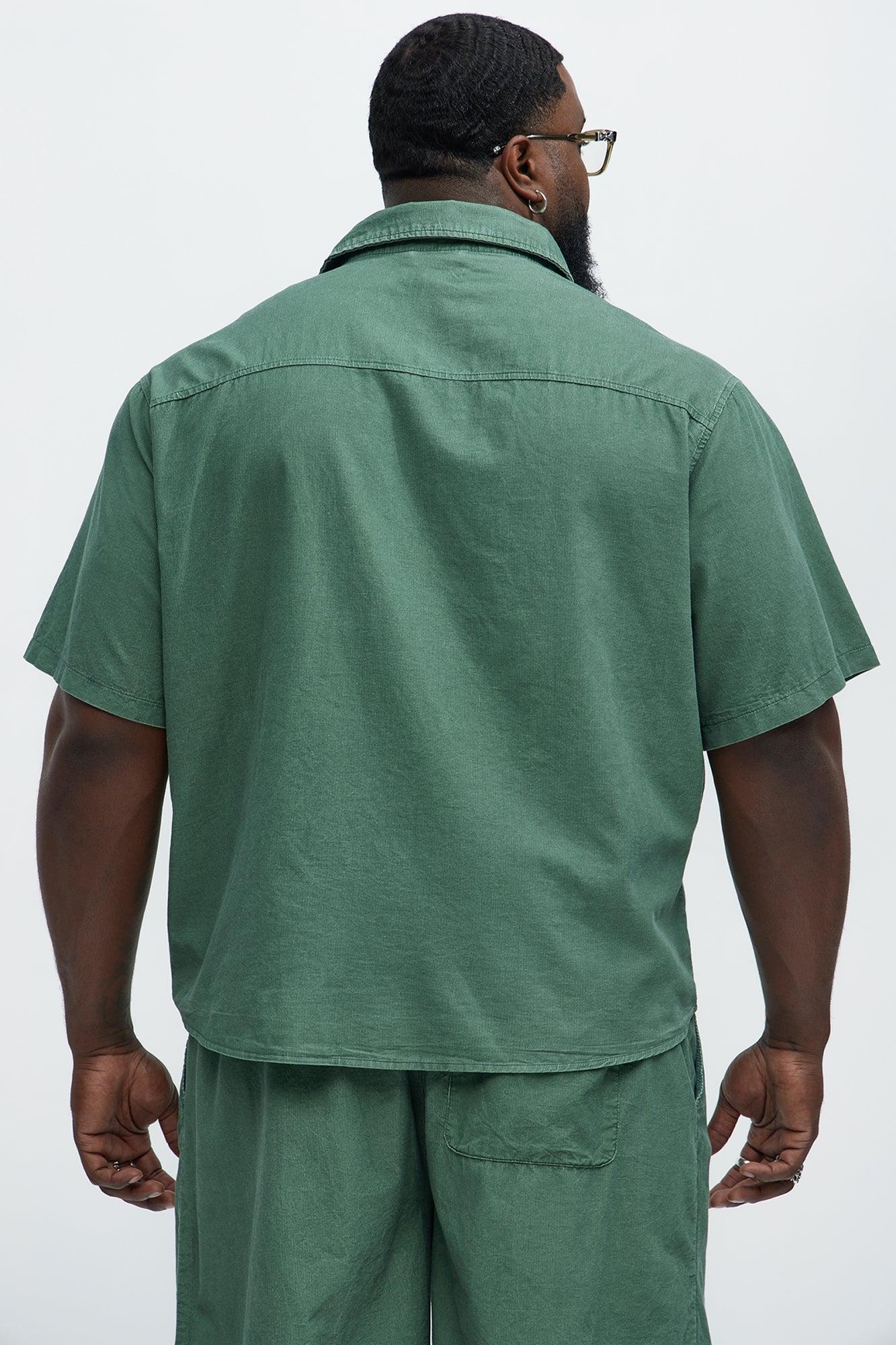 Retro Embroidered Corduroy Short Sleeve Shirt - Green Product Image