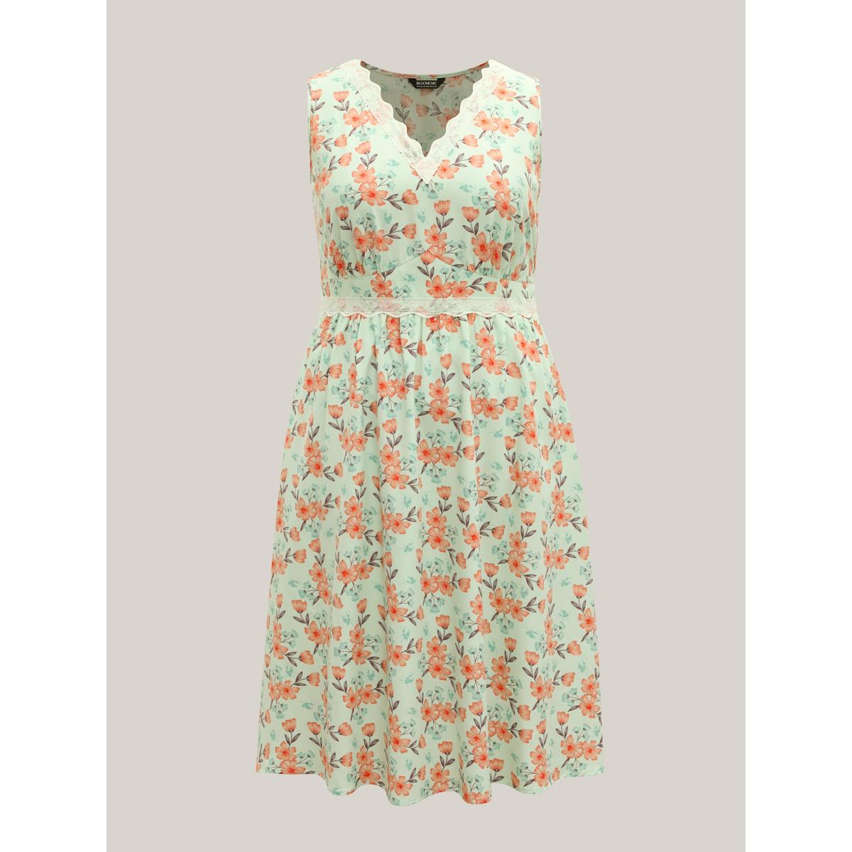 Plus Size Breezy Floral Print Lace Trim Midi Dress LightGreen Women V-neck Sleeveless Curvy BloomChic 30/6X Product Image