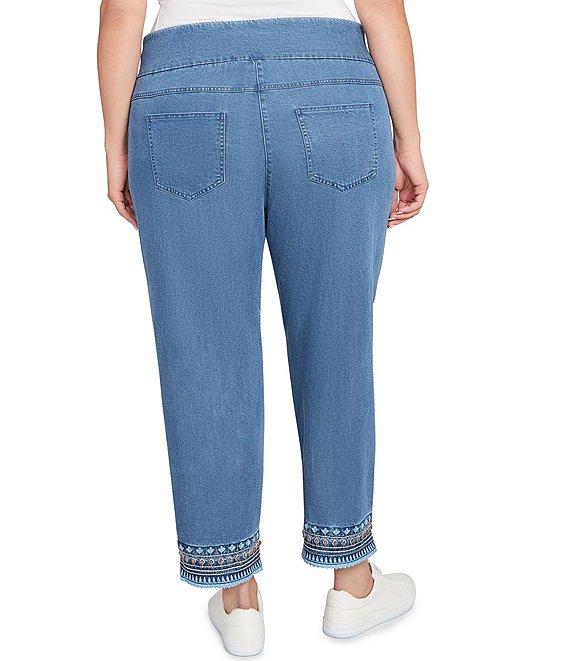 Ruby Rd. Plus Size Embroidered Hem Pull-On Ankle Jeans Product Image