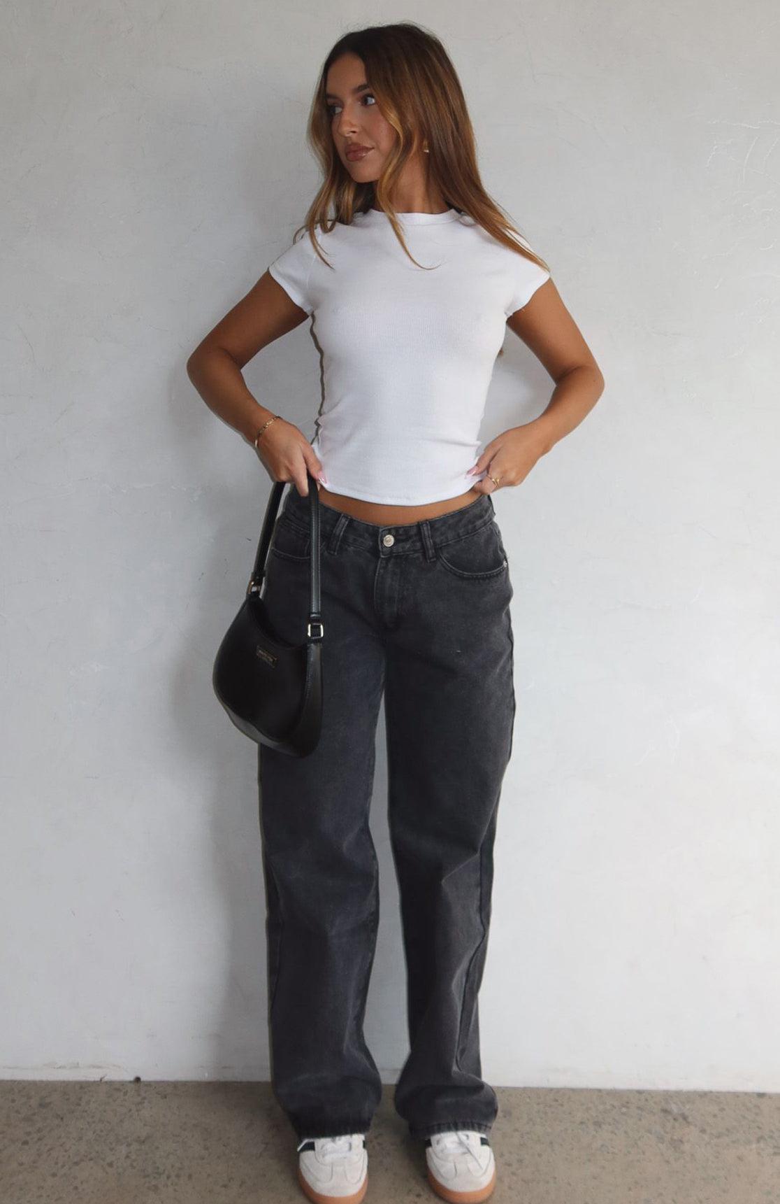 Bring The Style Low Rise Wide Leg Jeans Black Acid Wash Product Image