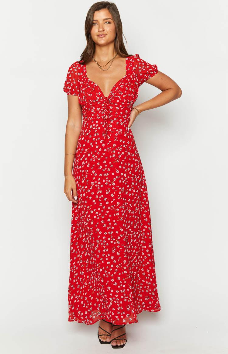 Ayla Red Floral Short Sleeve Maxi Dress Product Image