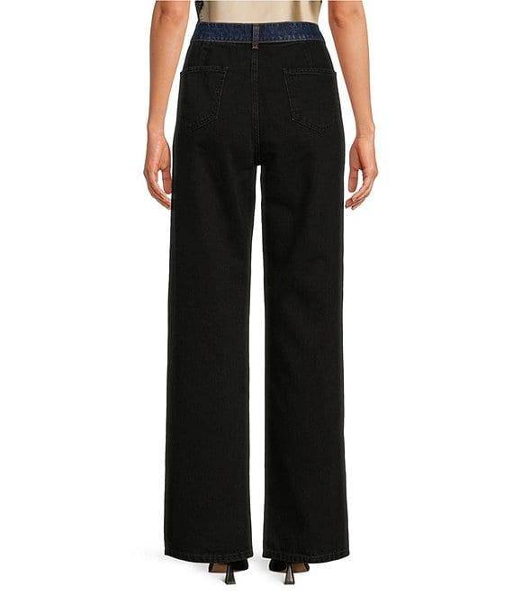 Gianni Bini Theo Denim Two Tone Contrast Buckle Waist High Rise Wide Leg Jeans Product Image