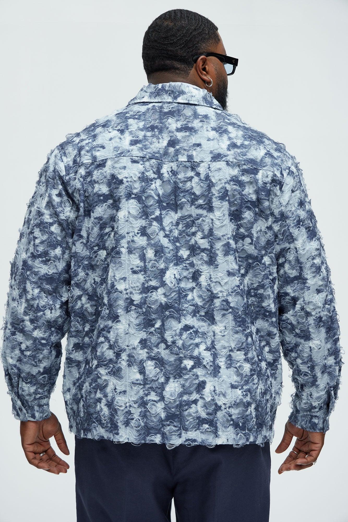 Babson Distressed Denim Like Button Up Shirt - Blue/combo Product Image