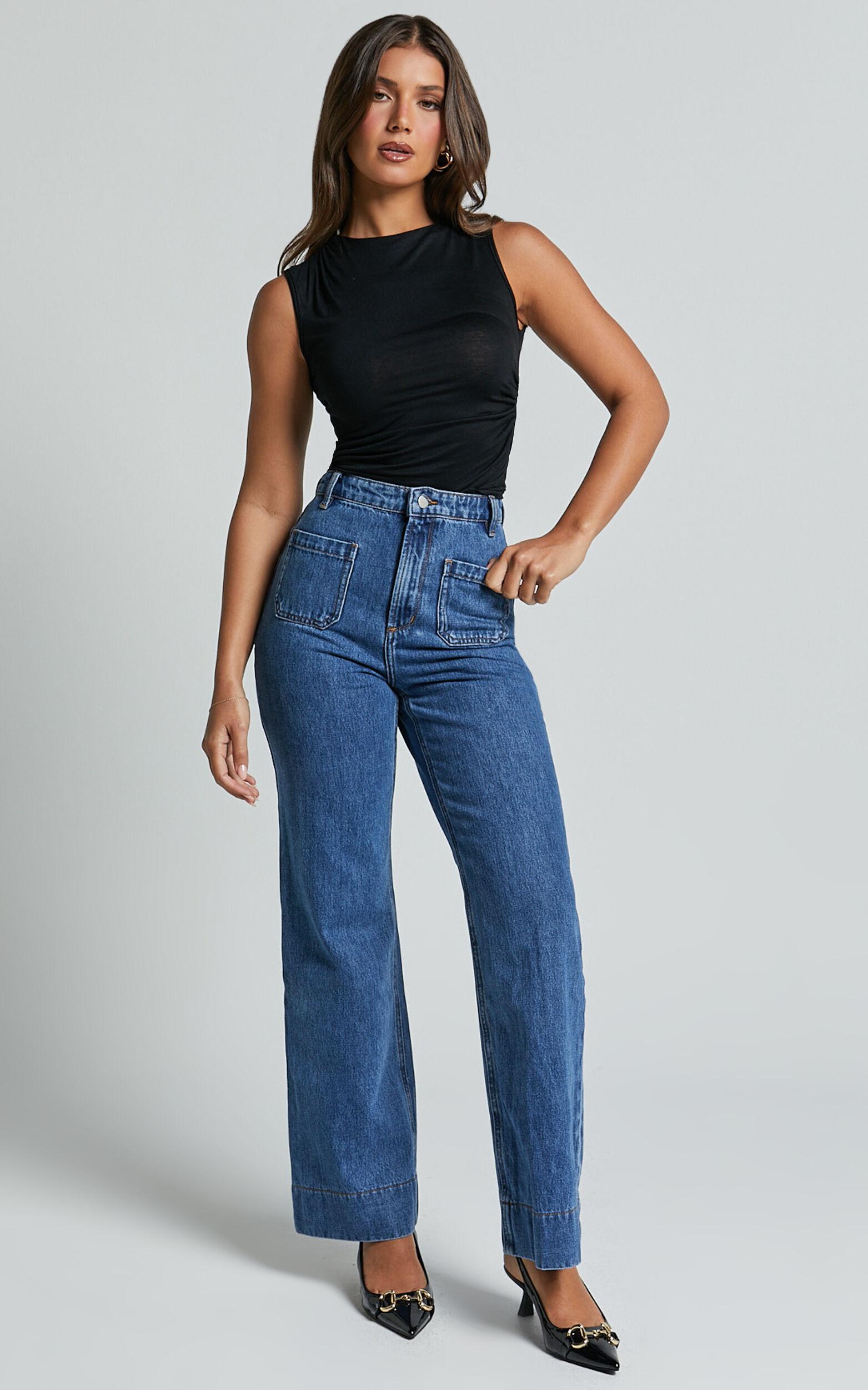Vancouver Jeans - High Waist Straight Leg Patch Pocket Denim Jeans in Mid Blue Wash Product Image
