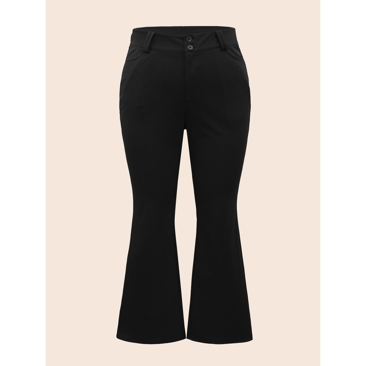 Plus Size Stretch Woven Double Button Drape Pants Women Black Workwear Essentials Bootcut Mid Rise Work Pants BloomChic 12/L Product Image