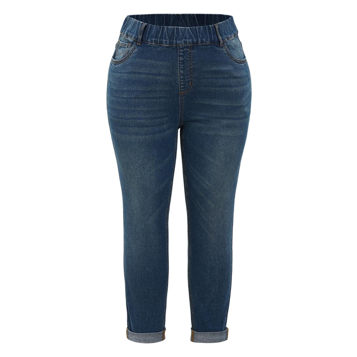 Plus Size Plain Elastic Waist Medium Wash Roll Hem Jeans Women Indigo Casual Plain Plain High stretch Pocket Jeans BloomChic 10/M Product Image