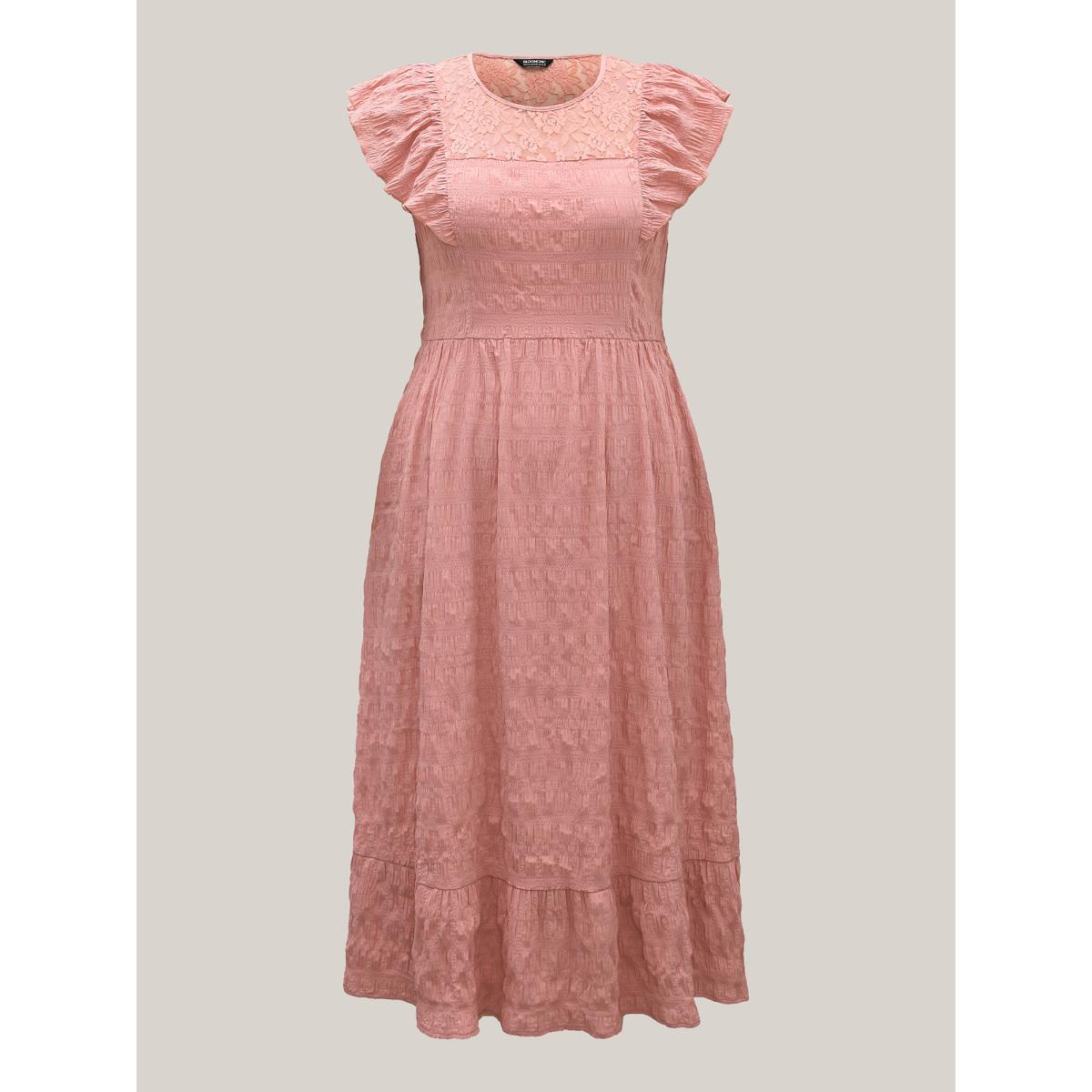 Plus Size Mesh Lace Neck Tiered Maxi Dress Salmon Women Round Neck Sleeveless Curvy BloomChic 26/4X Product Image