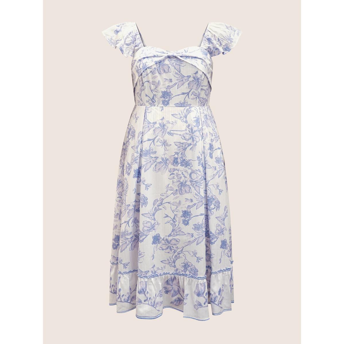 Plus Size Square Neck Floral Twist Ruffle Cap Sleeve Dress Originalwhite Women Elegant Twist Square Neck Cap Sleeve Curvy BloomChic 22-24/3X Product Image