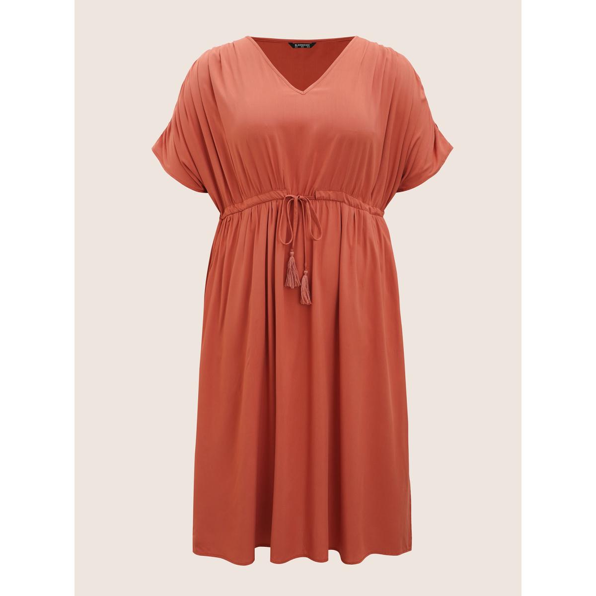 Plus Size Solid Drawstring Gathered Dolman Sleeve Dress Coral Women Resort Gathered V-neck Half Sleeve Curvy BloomChic 28/5X Product Image