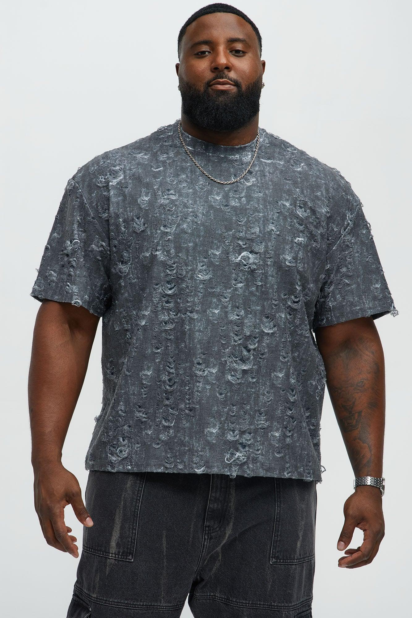Distressed Relaxed Short Sleeve Tee Shirt - Charcoal Male Product Image