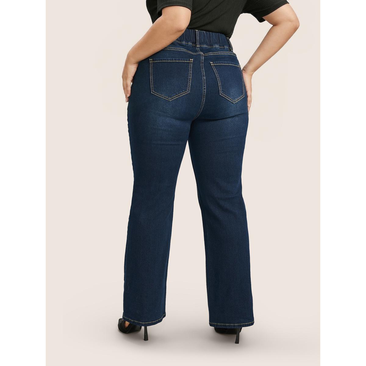 Plus Size Solid Elastic Waist Pocket Full Length Jeans Women Indigo Timeless Plain Elastic Waist High stretch Slanted pocket Jeans BloomChic 10/M Product Image