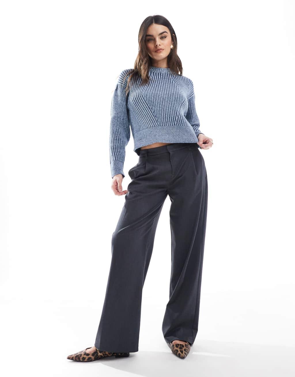 ASOS DESIGN plated crew neck sweater with sleeve detail in blue Product Image