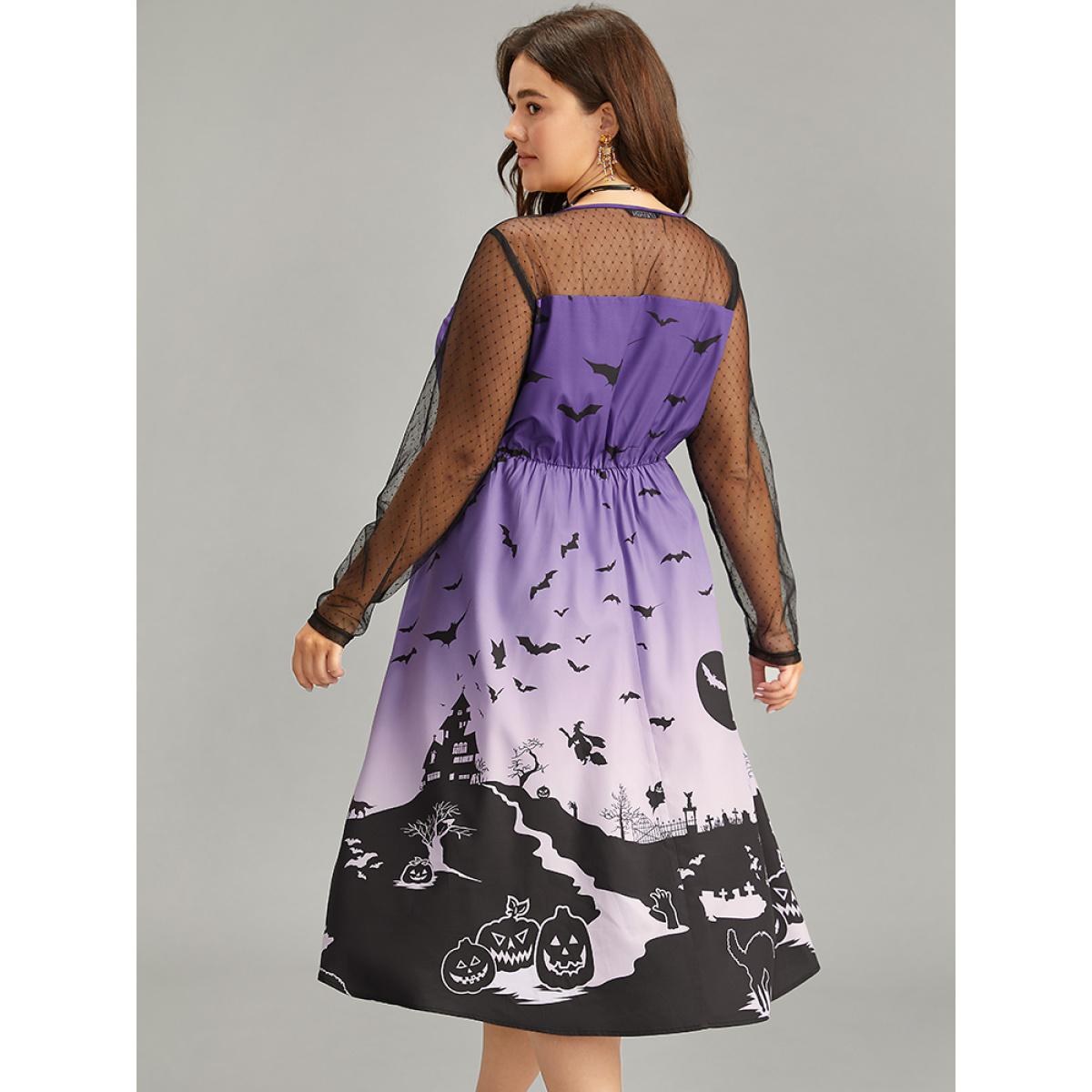 Plus Size Halloween Graphic Pocket Mesh Patchwork Dress Purple Women Elegant See through Round Neck Long Sleeve Curvy Midi Dress BloomChic 18-20/2X Product Image