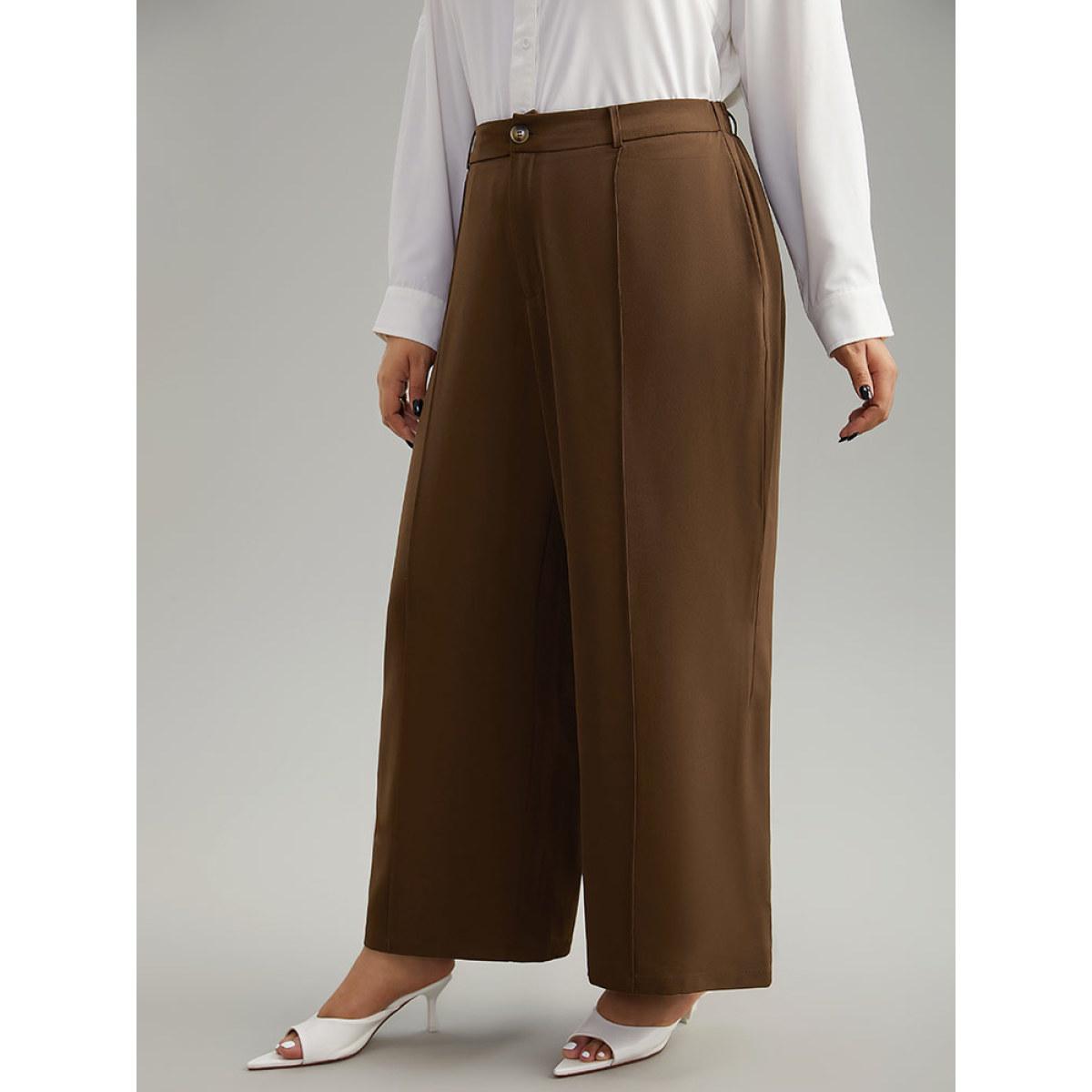 Plus Size Static-Free Plain Pocket Pleated Pants Women DarkBrown Office Straight Leg High Rise Office Pants BloomChic 28/5X Product Image