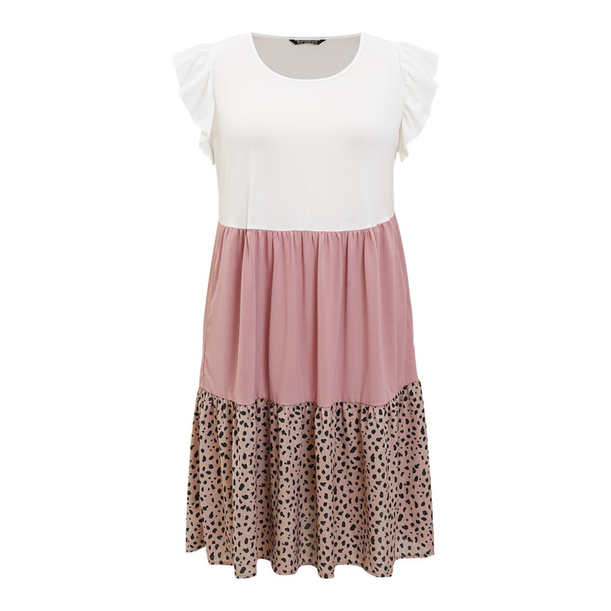 Plus Size Leopard Contrast Ruffle Trim Pocket Layered Hem Dress Multicolor Women Casual Patchwork Round Neck Cap Sleeve Curvy Midi Dress BloomChic 26/4X Product Image