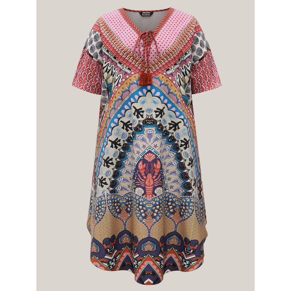 Plus Size Boho Print Ties Slit Curved Hem Midi Dress Cerulean Women Resort Wraparound straps V-neck Half Sleeve Curvy BloomChic 12/L Product Image