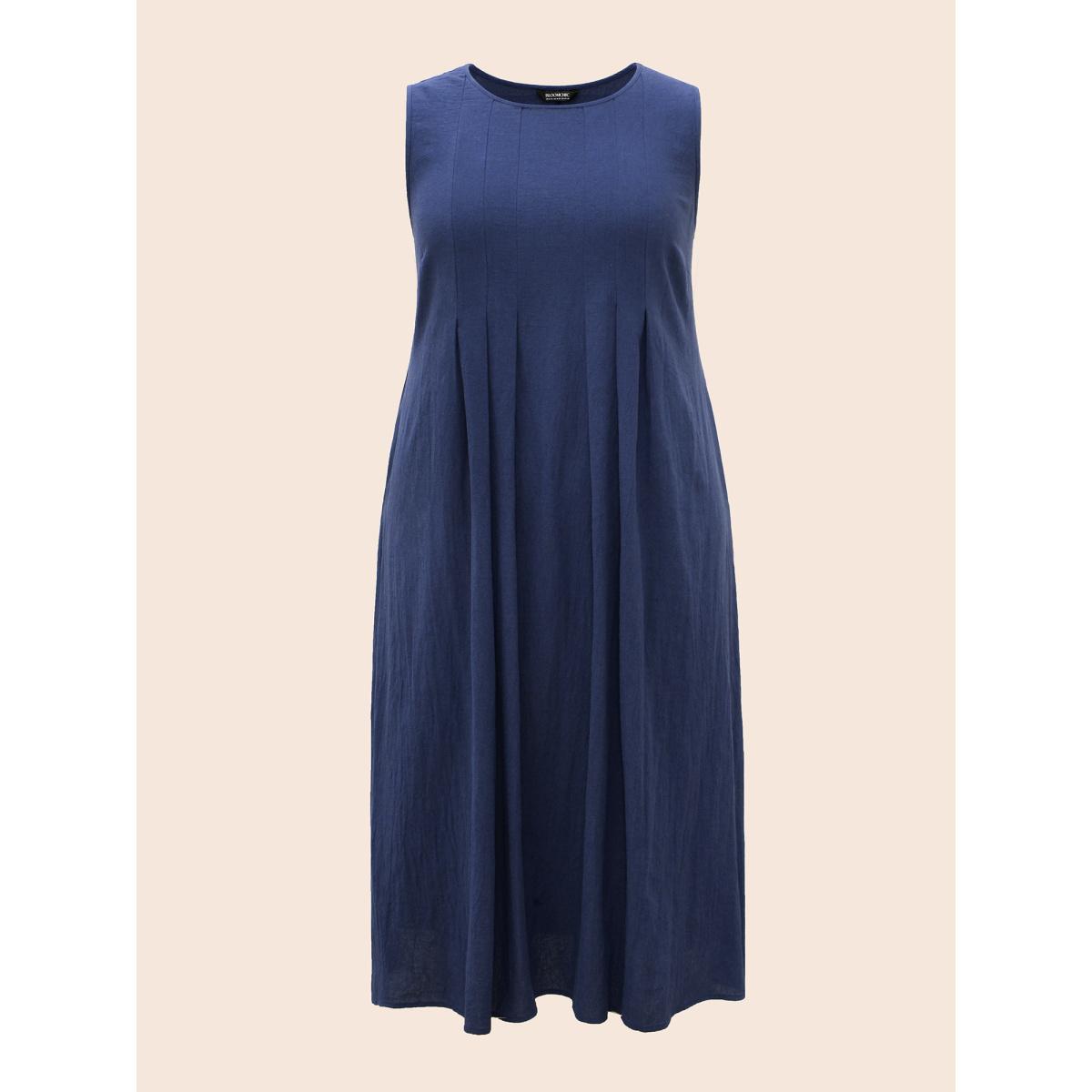 Plus Size Crew Neck Pleated Tank Dress Indigo Women Casual Pleated Round Neck Sleeveless Curvy BloomChic 18-20/2X Product Image