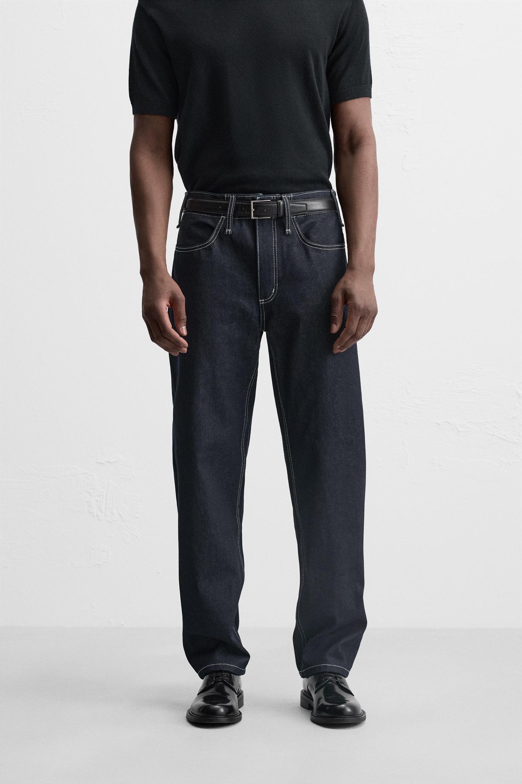 STRAIGHT FIT TOPSTITCHED JEANS Product Image