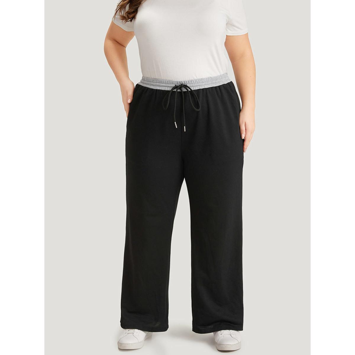 Plus Size Contrast Patchwork Drawstring Straight Leg Pants Women Black Casual High Rise Dailywear Pants BloomChic 10/M Product Image