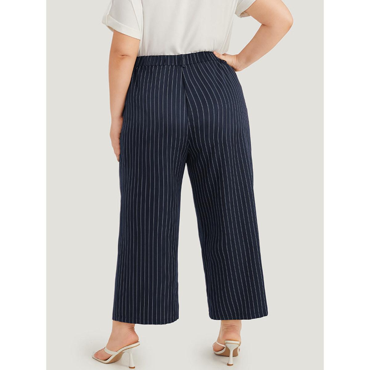 Plus Size Striped Pocket Loose Pleated Button Fly Pants Women Indigo At the Office Straight Leg High Rise Work Pants BloomChic 12/L Product Image
