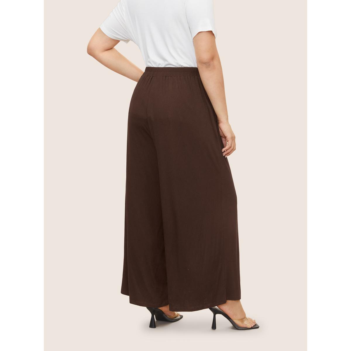 Plus Size Supersoft Essentials Button Detail Wide Leg Pants Women Browncoffeecolor Office Wide Leg High Rise Office Pants BloomChic 18-20/2X Product Image