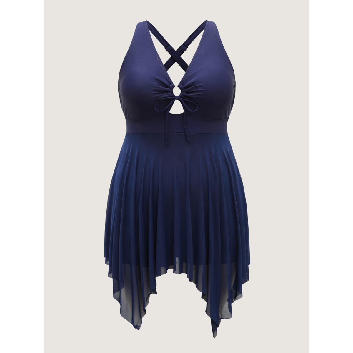 Plus Size Handkerchief Hem Keyhole Neck Swim Dress Women's Swimwear Midnight Beach Bodycon V-neck High stretch Curve Swim Dresses BloomChic 26/4X Product Image