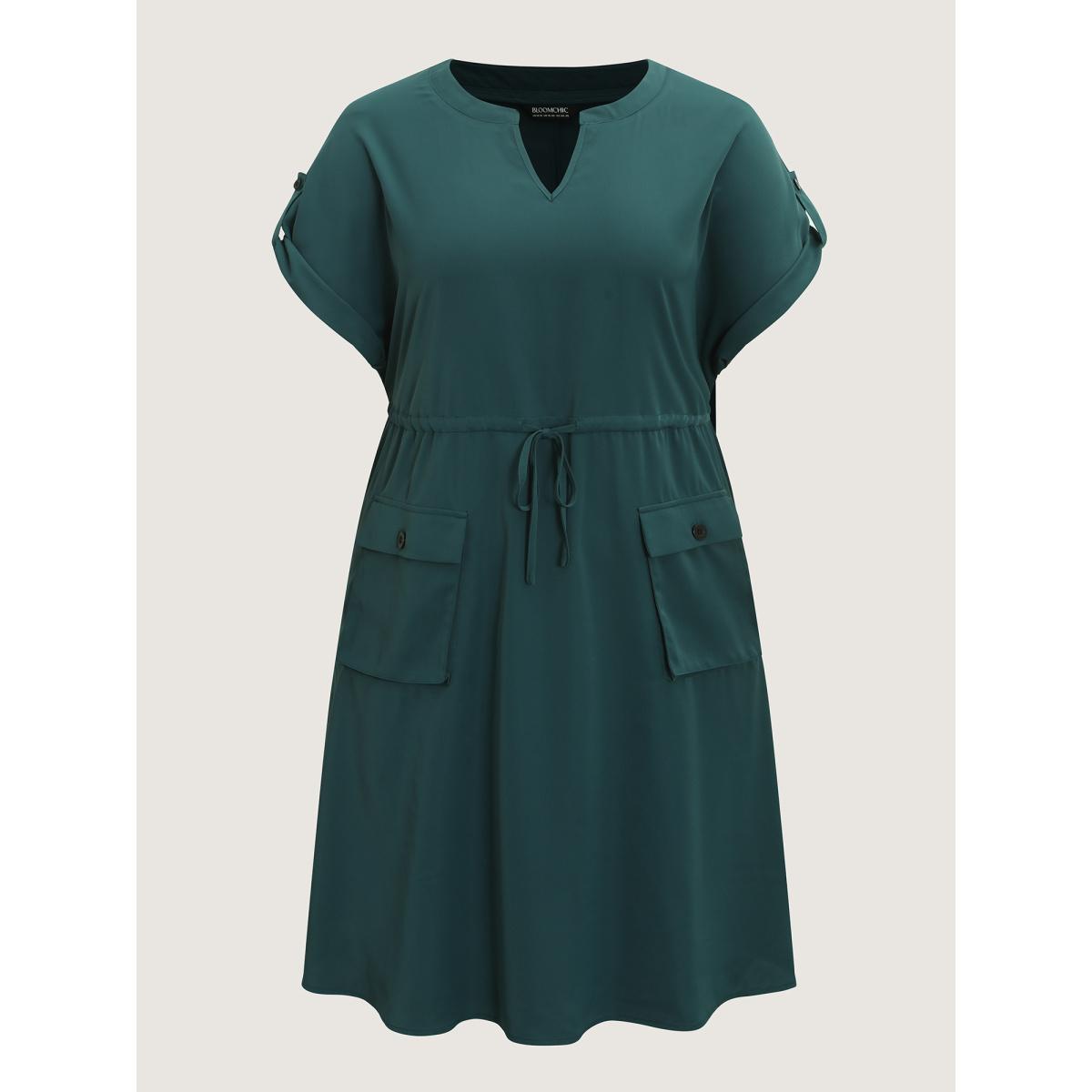 Plus Size Solid Waist Drawstring Pockets Midi Dress Cyan Women Flat collar with V-notch Half Sleeve Curvy BloomChic 28/5X Product Image