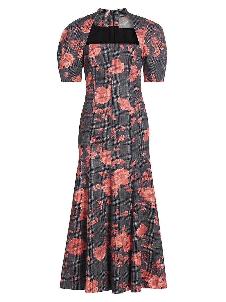 Womens Floral Glen Check Bubble-Sleeve Dress Product Image