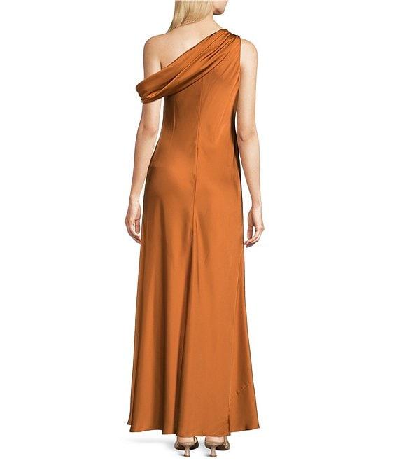 Lauren Ralph Lauren Satin Charmeuse Asymmetrical Off-The-Shoulder Sleeveless Slip Dress Product Image