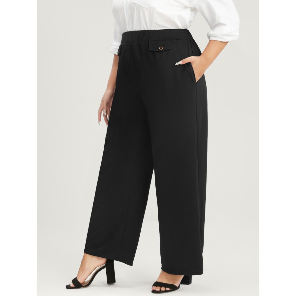 Plus Size Solid Button Detail Elastic Waist Pocket Pants Women Black Office High Rise Work Pants BloomChic 18-20/2X Product Image