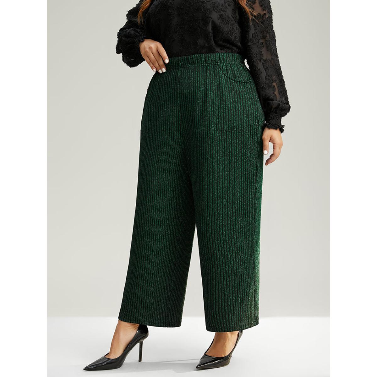 Plus Size Plain Texture Luxe Elastic Waist Straight Leg Pants Women Green Glamour Straight Leg High Rise Festival-Christmas Pants BloomChic 30/6X Product Image