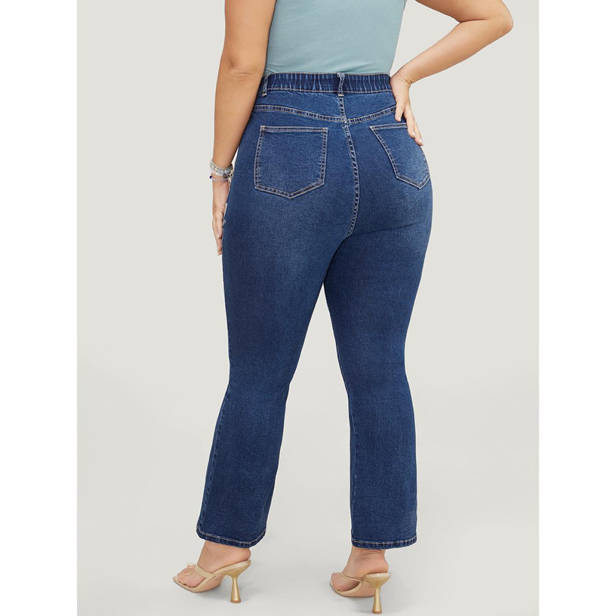 Plus Size Butterfly Embroidered Moderately Stretchy High Rise Dark Wash Bootcut Jeans Women Blue Elegant Plain Embroidered Medium stretch Pocket Jeans BloomChic 16/1X Product Image