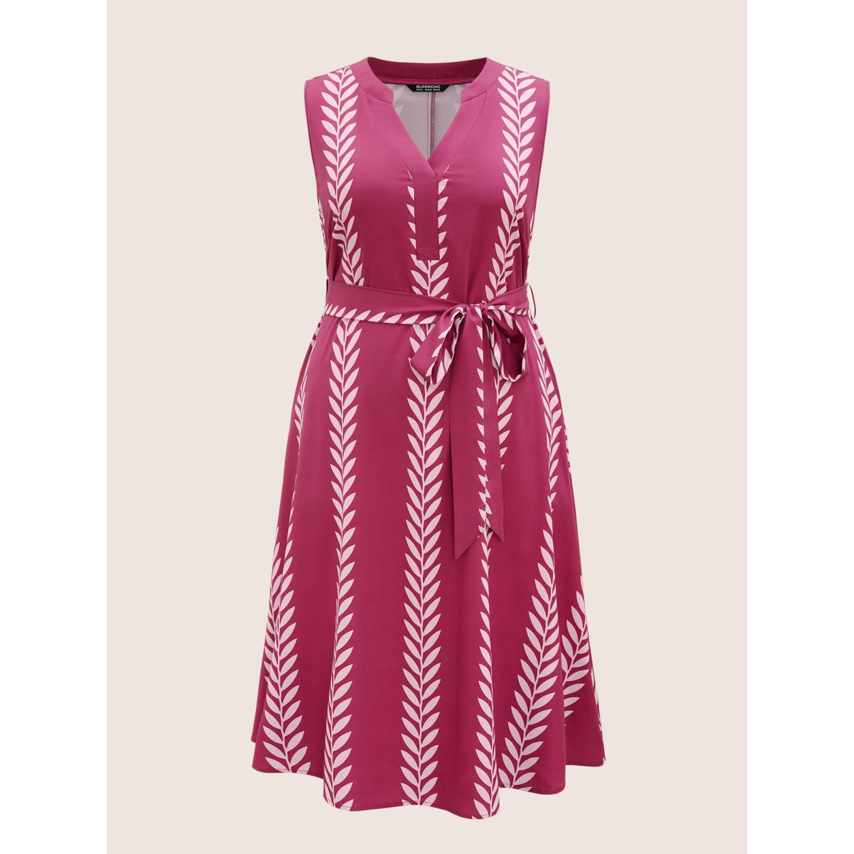 Plus Size Boh Print Notched Sleeveless Belted Dress RedViolet Women Resort Belted Flat collar with V-notch Long Sleeve Curvy Midi Dress BloomChic 28/5X Product Image