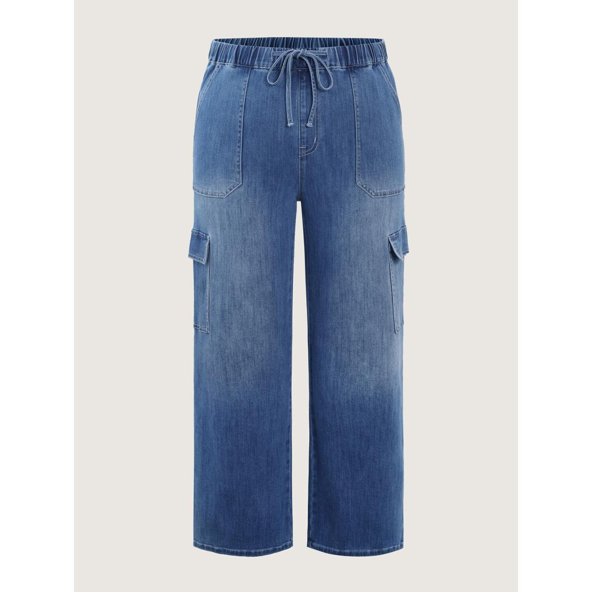 Plus Size Supersoft Stretchy Back Waistband Wide-Leg Jeans Women Midblue Leisure Low stretch Slanted pocket Jeans BloomChic 12/L Product Image