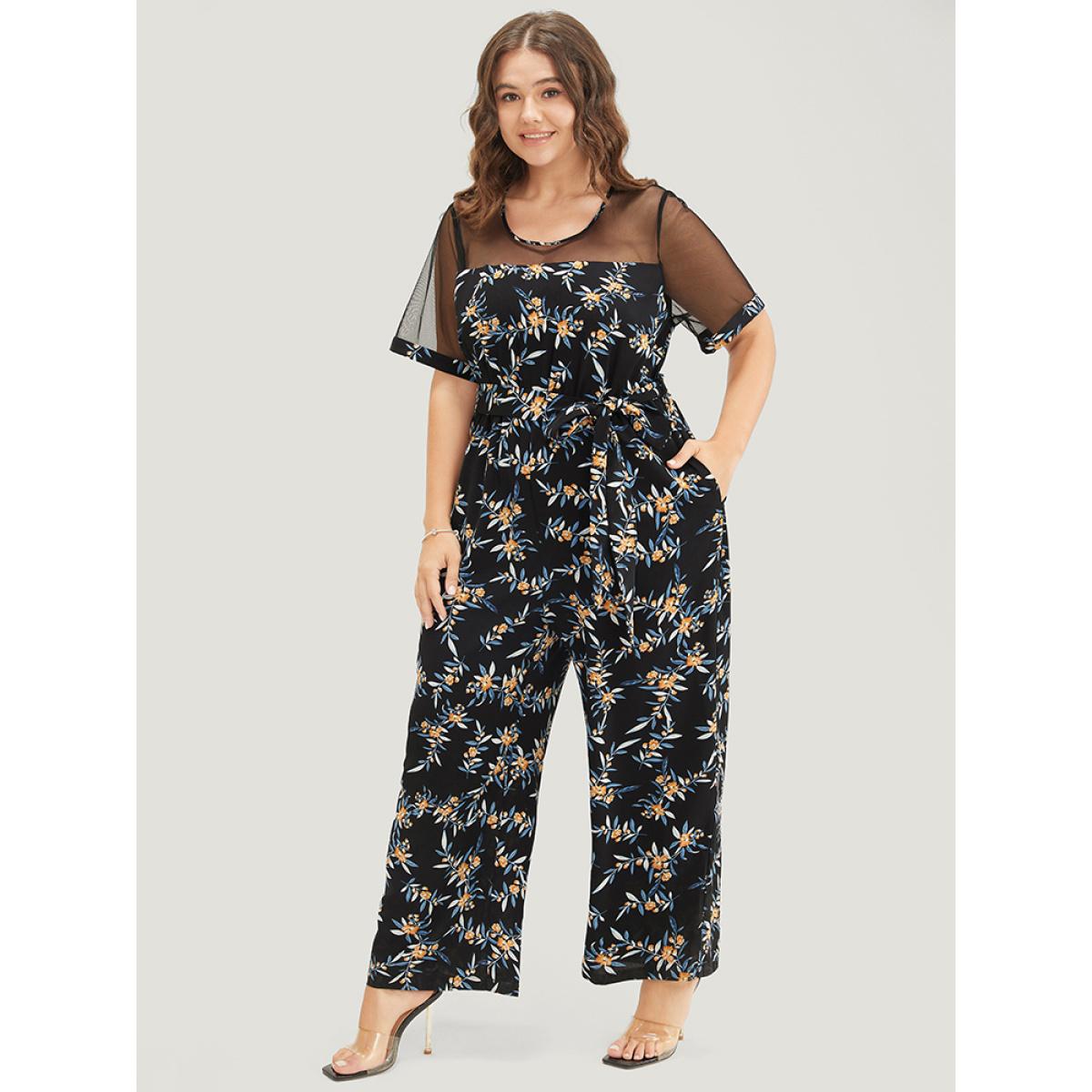 Plus Size Black Floral Mesh Patchwork Crew Neck Pocket Belted Jumpsuit Women Elegant Short sleeve Round Neck Dailywear Loose Jumpsuits BloomChic 22-24/3X Product Image