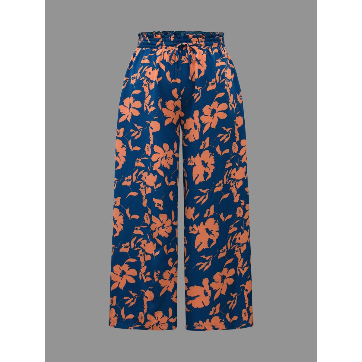 Plus Size Floral Smocked Waist Flared Leg Pants Women DarkBlue Elegant Wide Leg Mid Rise Everyday Pants BloomChic 30/6X Product Image