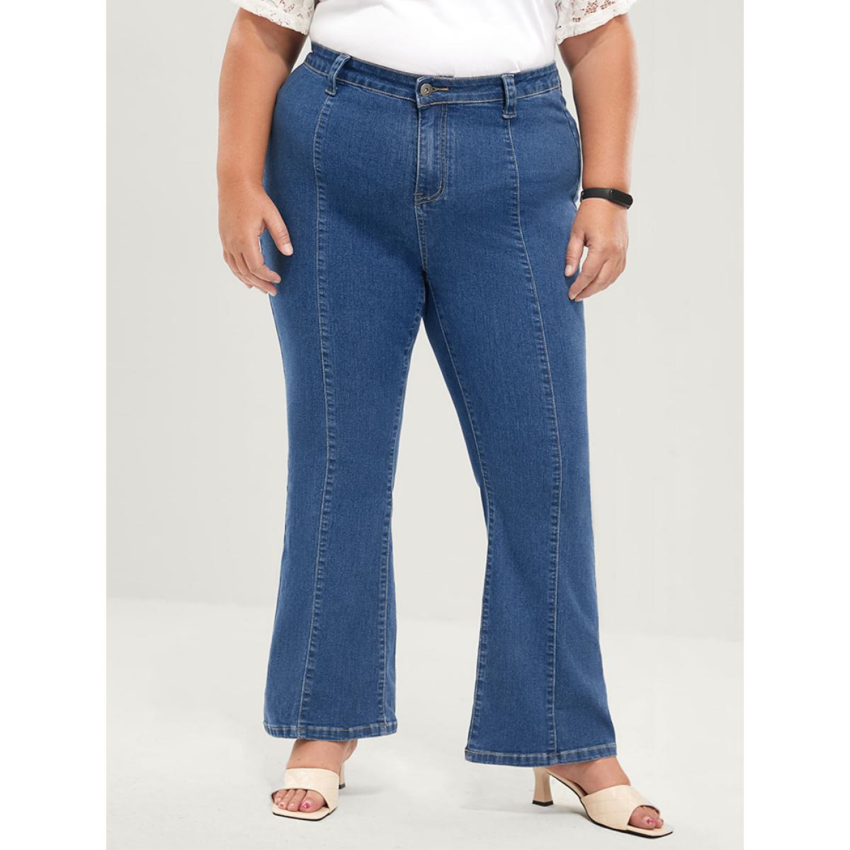 Plus Size Flare Leg Very Stretchy Mid Rise Medium Wash Jeans Women Blue Elegant Plain Patchwork High stretch Pocket Jeans BloomChic 28/5X Product Image