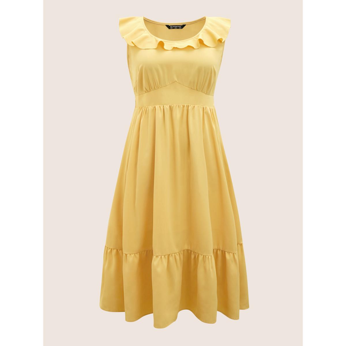 Plus Size Plain Shirred Ruffle Trim Sleeveless Dress Lightyellow Women Elegant U-neck Sleeveless Curvy BloomChic 12/L Product Image