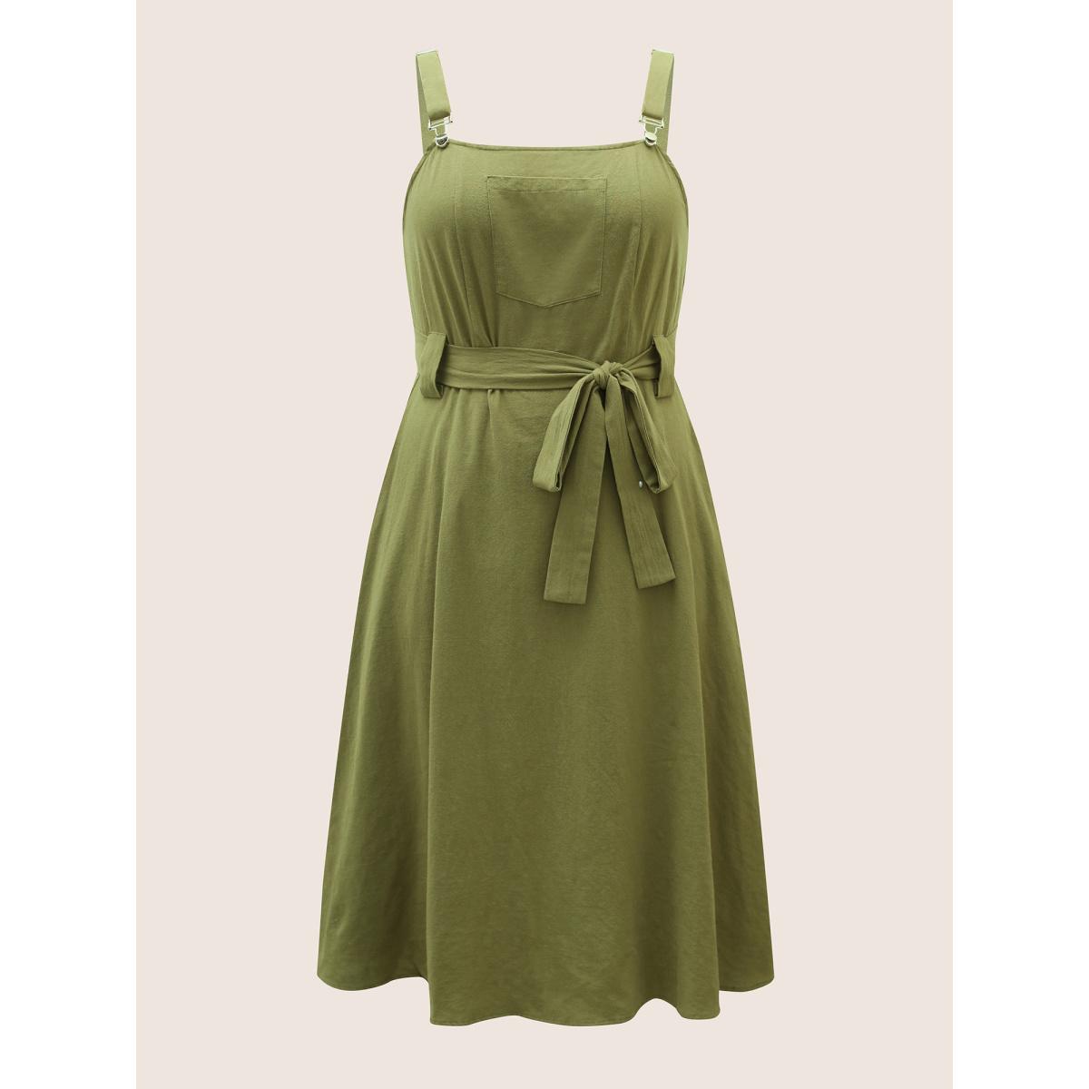 Plus Size Solid Patched Pocket Adjustable Straps Belted Dress ArmyGreen Women Casual Belted Non Sleeveless Curvy BloomChic 26/4X Product Image
